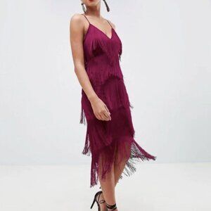 ASOS MIDI Dress with Paneled Fringe Purple/Maroon (US 6)